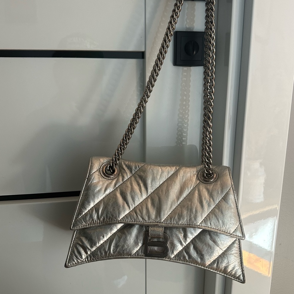 BALENCIAGA CRUSH SMALL CHAIN BAG QUILTED IN SILVER